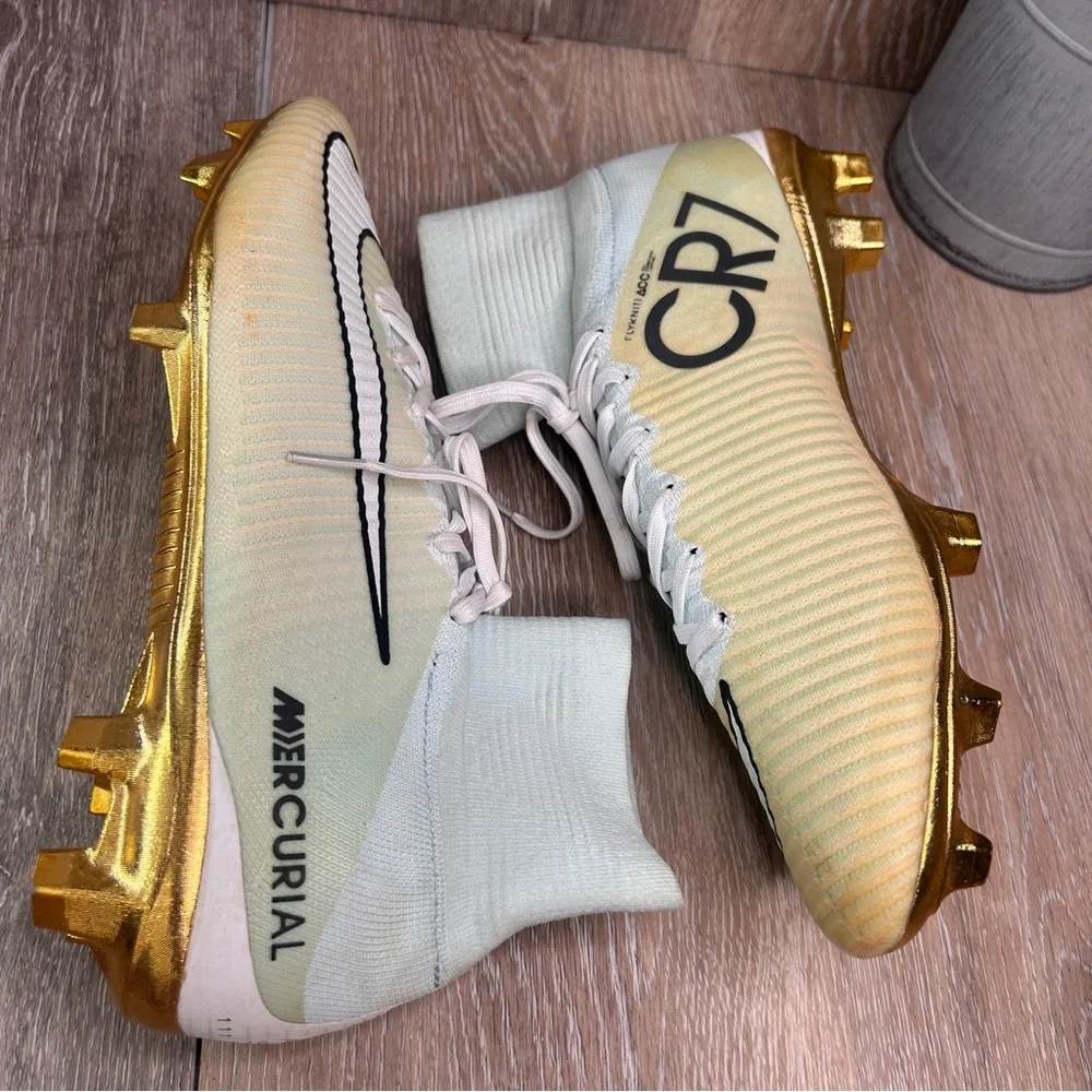 Nike Mercurial Men's Soccer Cleats in Light Green, White and Gold - Picture 5 of 9